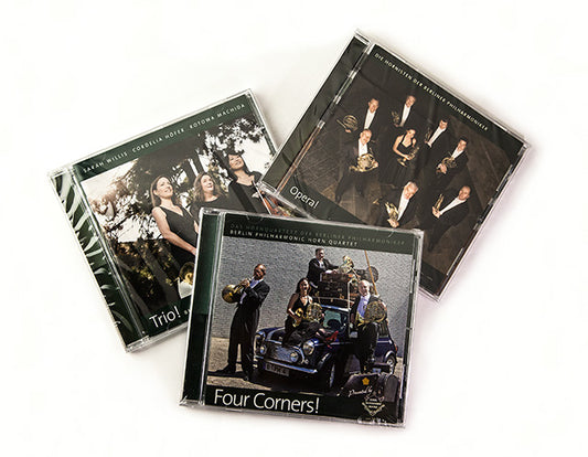 A collection of music CDs for oboe and french horn enthusiasts