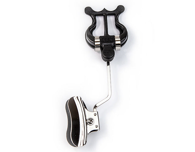 Plastic trombone lyre music holder on a stand