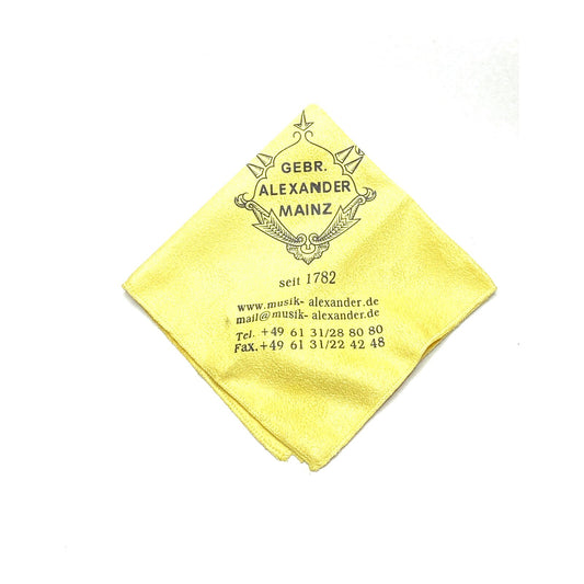 Yellow Gebr. Alexander polishing cloth with the Gebr. Alexander Mainz crest